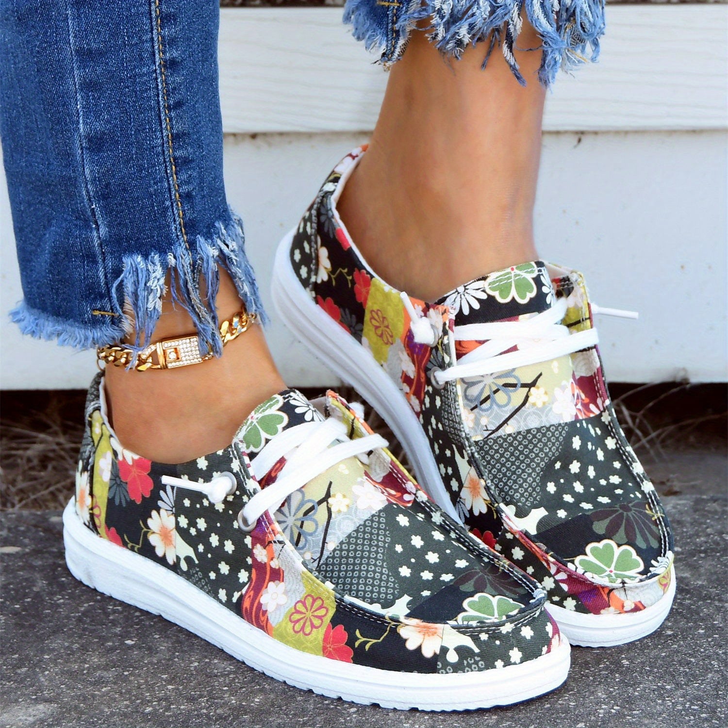 Floral Print Canvas Slip On Flat Casual Walking Shoes