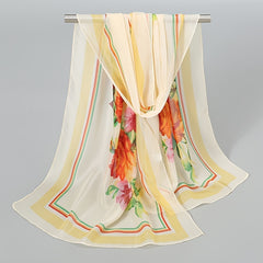Flower Print Chiffon Scarf 150x04cm Elegant Sunscreen Silk Shawl