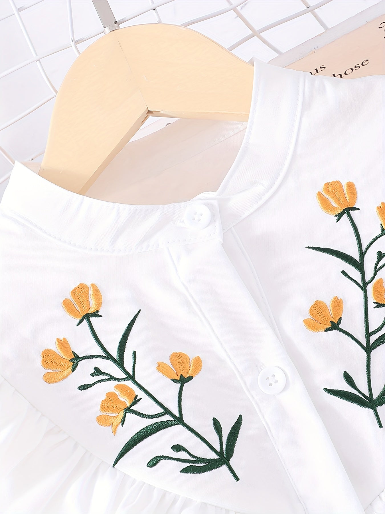 Girls Orange Flowers Embroidery Shirt Dress With Belt