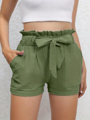 Ruffle Trim Shorts with Tie Waist, Casual Pockets Solid Shorts