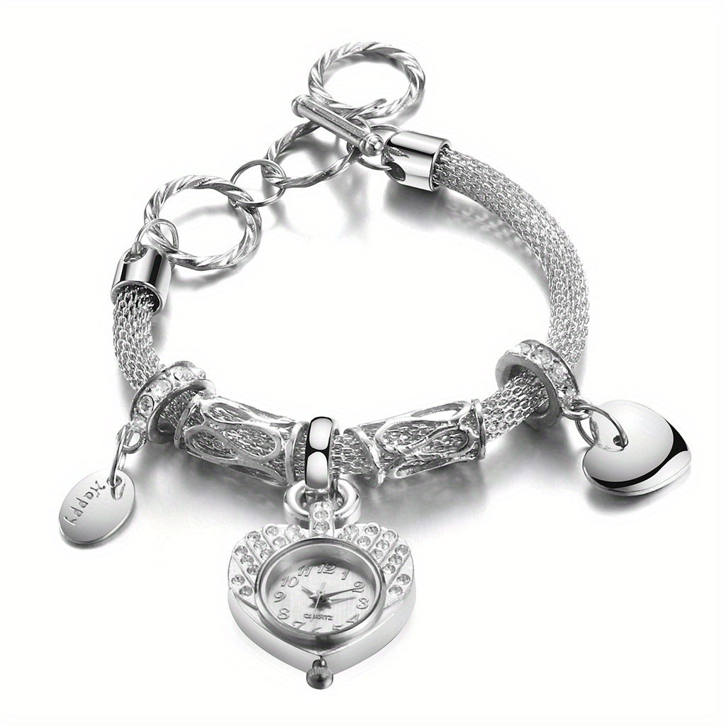 Golden Heart Bracelet Watch with Faux Diamond Studded Quartz Alloy