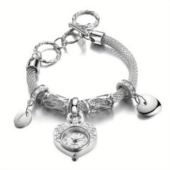 Golden Heart Bracelet Watch with Faux Diamond Studded Quartz Alloy