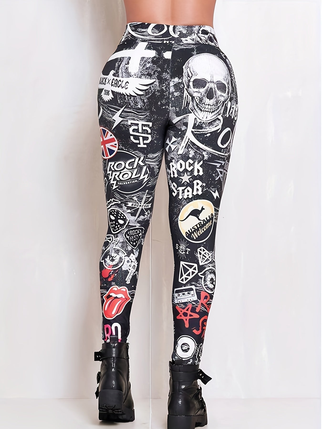 Gothic Leggings Allover Skull Print High Rise Stretch Skinny