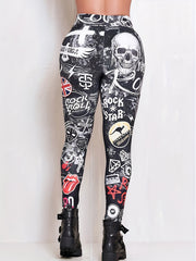 Gothic Leggings Allover Skull Print High Rise Stretch Skinny