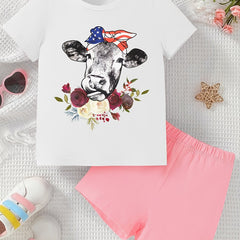 Bull Pattern Girl's 2pcs T Shirt & Shorts Set for Summer