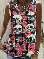 Rose Print Tank Top Women's Round Neck Slight Stretch