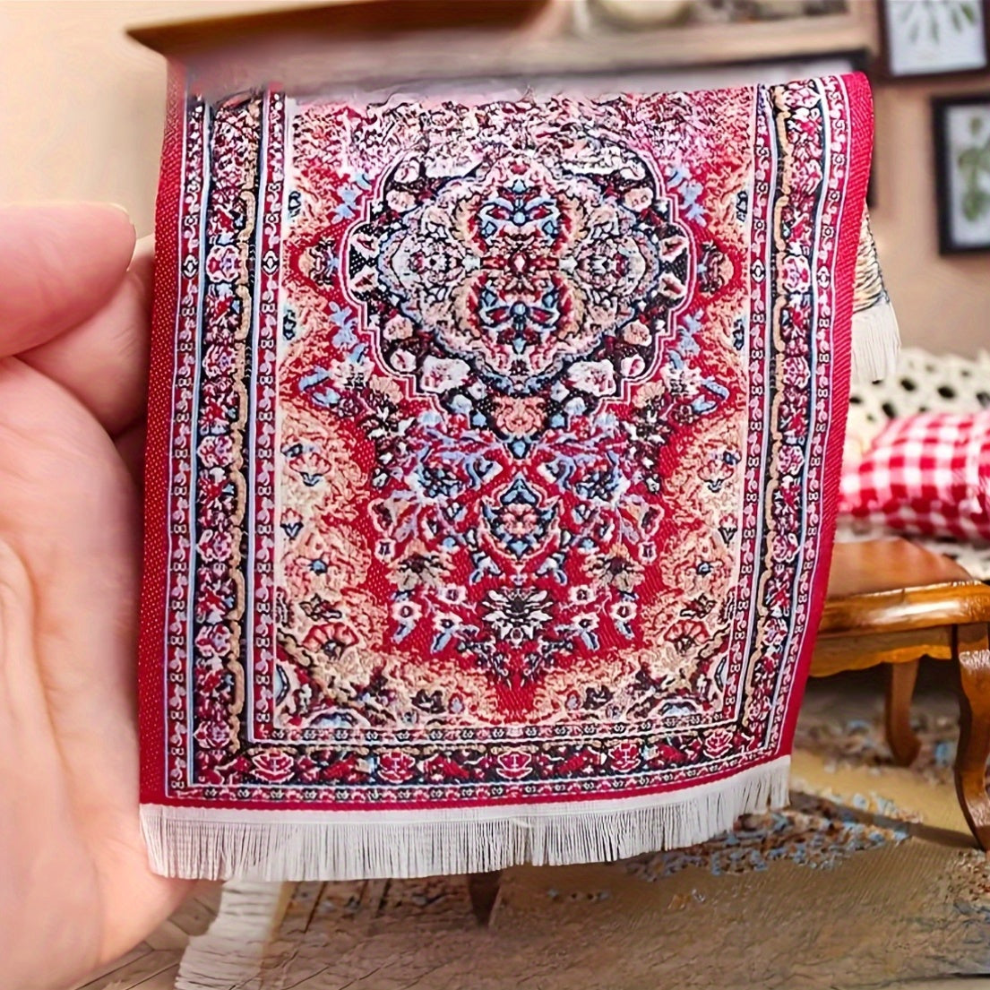 Renus Carpet 1:12 Scale Floral Pattern w/ Tassels Red & Beige Dollhouse