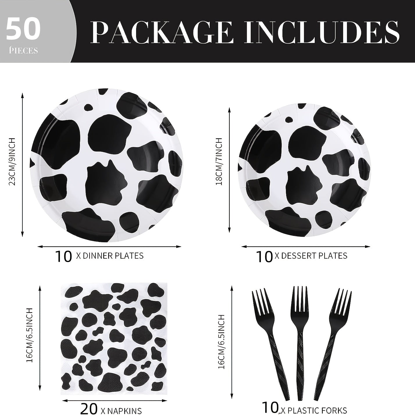 50pcs Cow Print Party Supplies Disposable Dinnerware