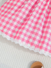 Girls Sleeveless Plaid Dress with Letter Embroidery