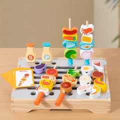 Wooden BBQ Toy Set 34pcs Kitchen Toys Little Barbecue Host Realistic Food