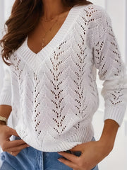 Eyelet Solid Knit Sweater V Neck Long Sleeve Casual Sweater