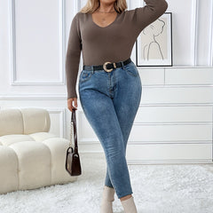 V Neck Ribbed Sweater Long Sleeve Top