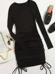 Ribbed Knit Drawstring Ruched Dress Long Sleeve Crew Neck Dress