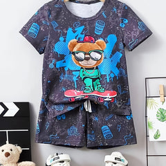 Boys Bear Skateboard T-shirt & Shorts Summer Outfit