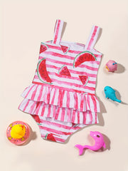 Girls Watermelon Print Tankini Swimwear Ruffle Decor