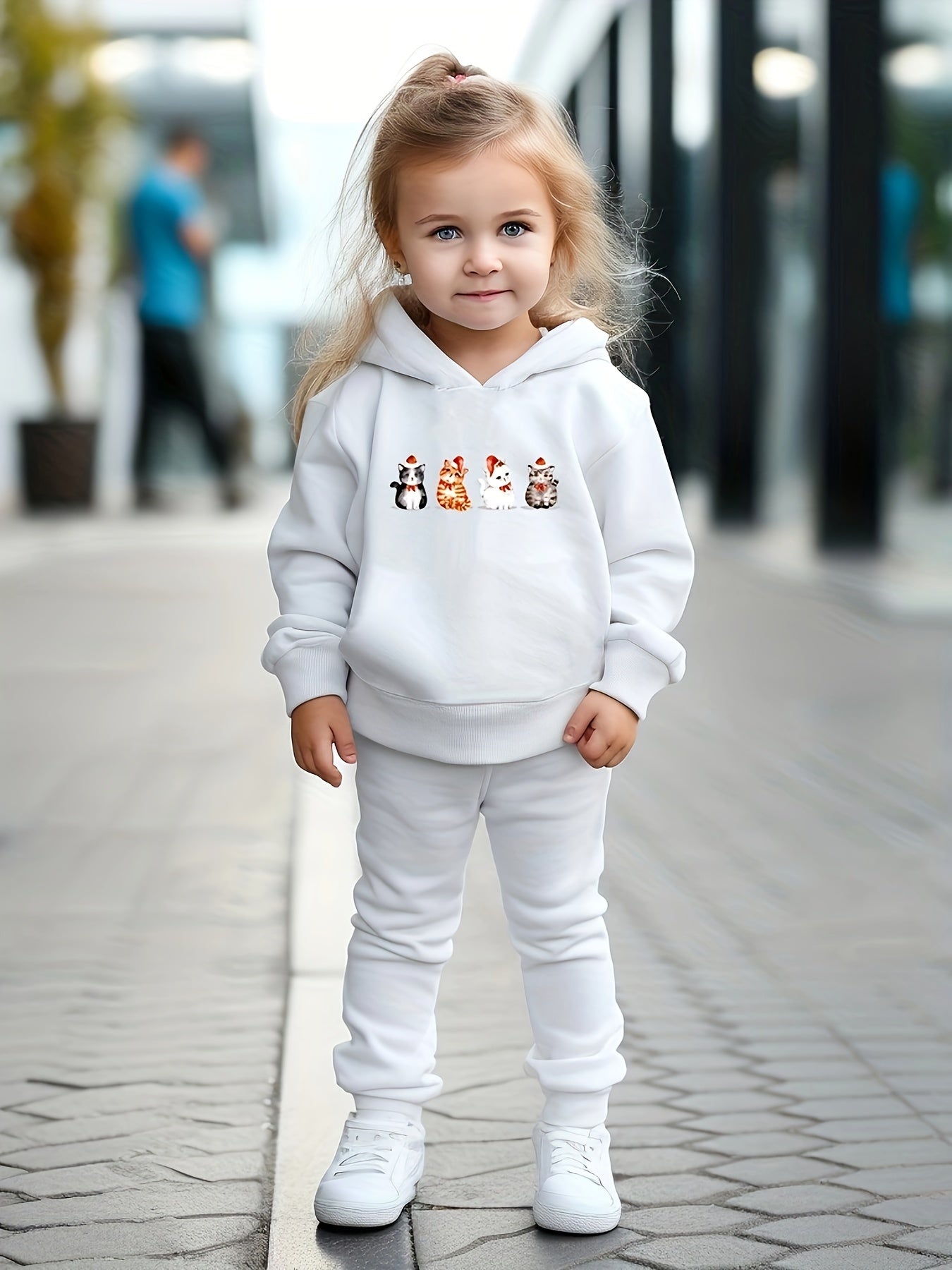 Girls Cartoon Cats Hooded Sweatshirt & Sweatpants Set Kids Clothes