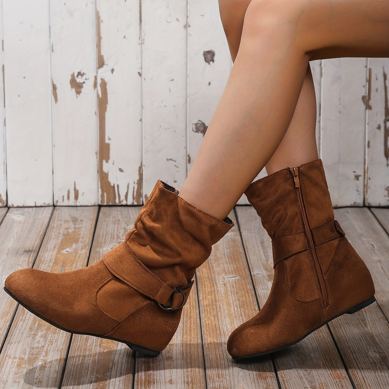 Women's Buckle Slouch Short Boots Round Toe Ankle Boots