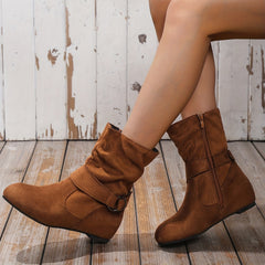 Women's Buckle Slouch Short Boots Round Toe Ankle Boots