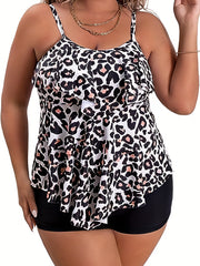 Leopard Print Tankini Set Women's Modest Cami Top & Shorts Bathing Suit