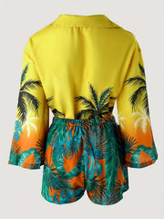 Floral Print V Neck Top & Solid Elastic Waist Shorts Set