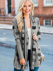 Cat & Paw Print Long Sleeve Open Front Cardigan