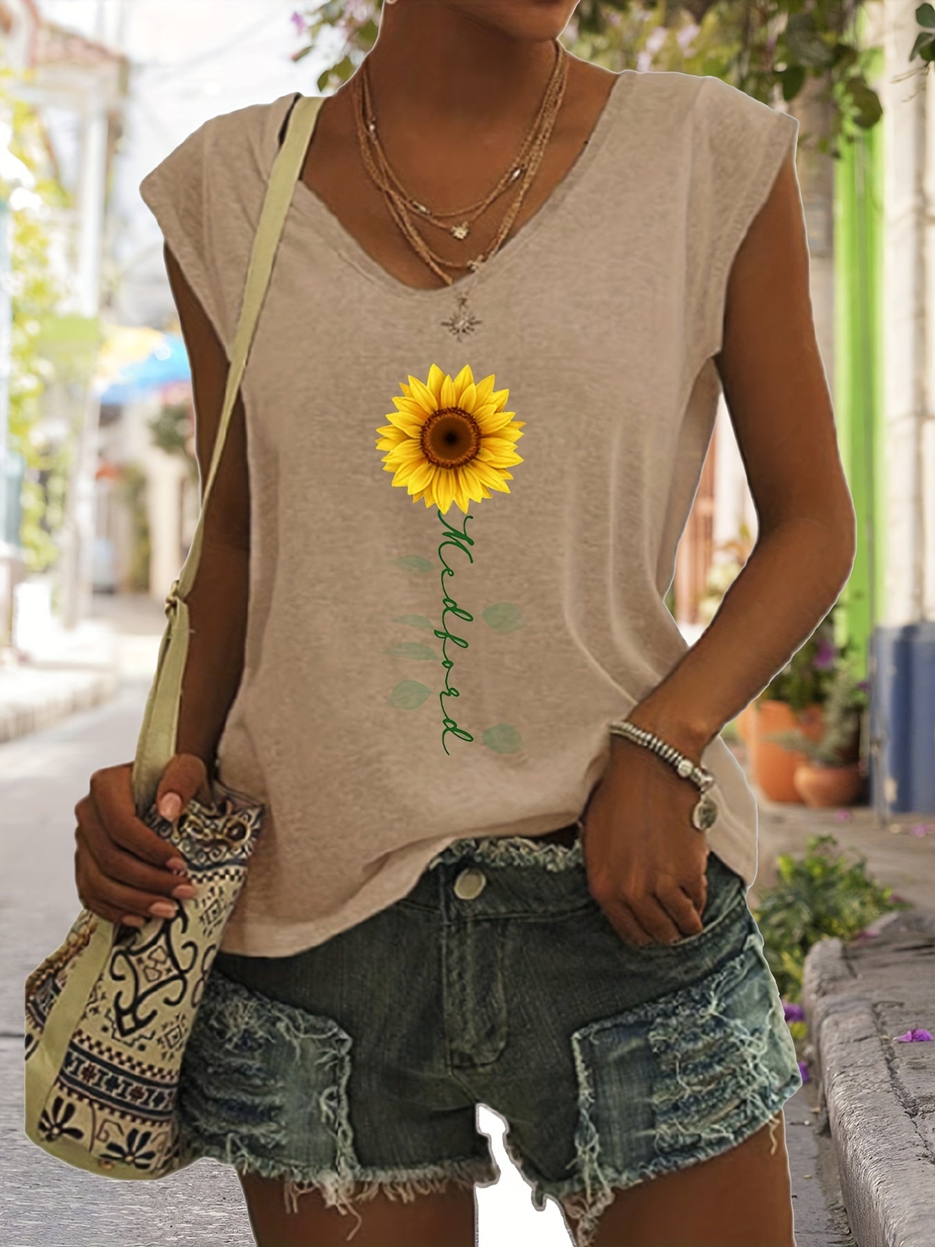 Sunflower & Letter Print V Neck Tank Top Summer Sleeveless Tank
