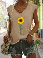Sunflower & Letter Print V Neck Tank Top Summer Sleeveless Tank