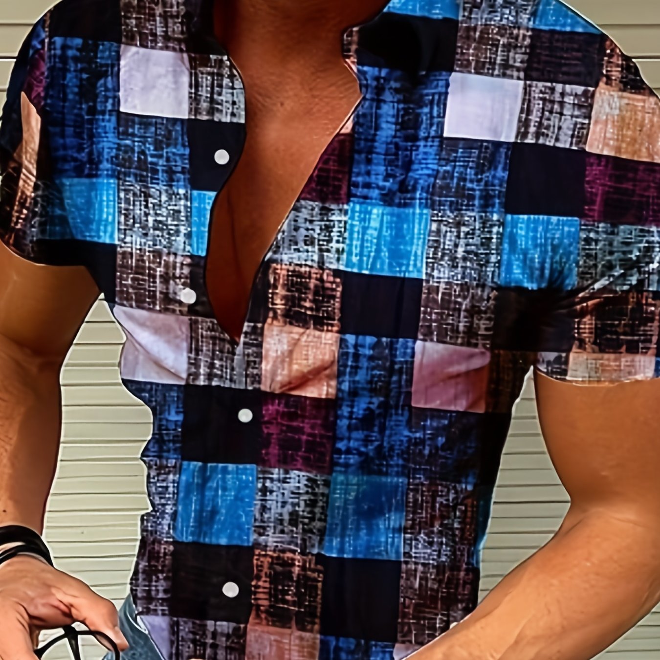 Men's Plaid Print Short Sleejsons Closure Summer Hawaii Shirt