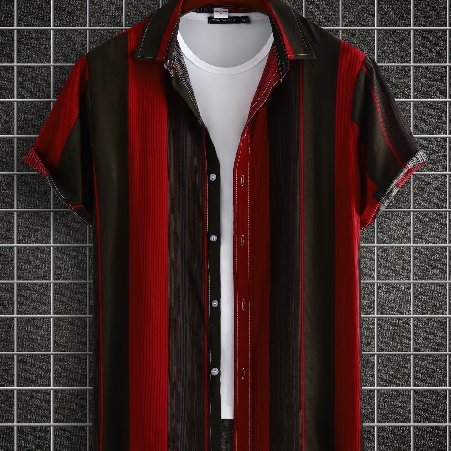 Men's Casual Red Stripe Short Sleeve Shirt Hawaiian Style