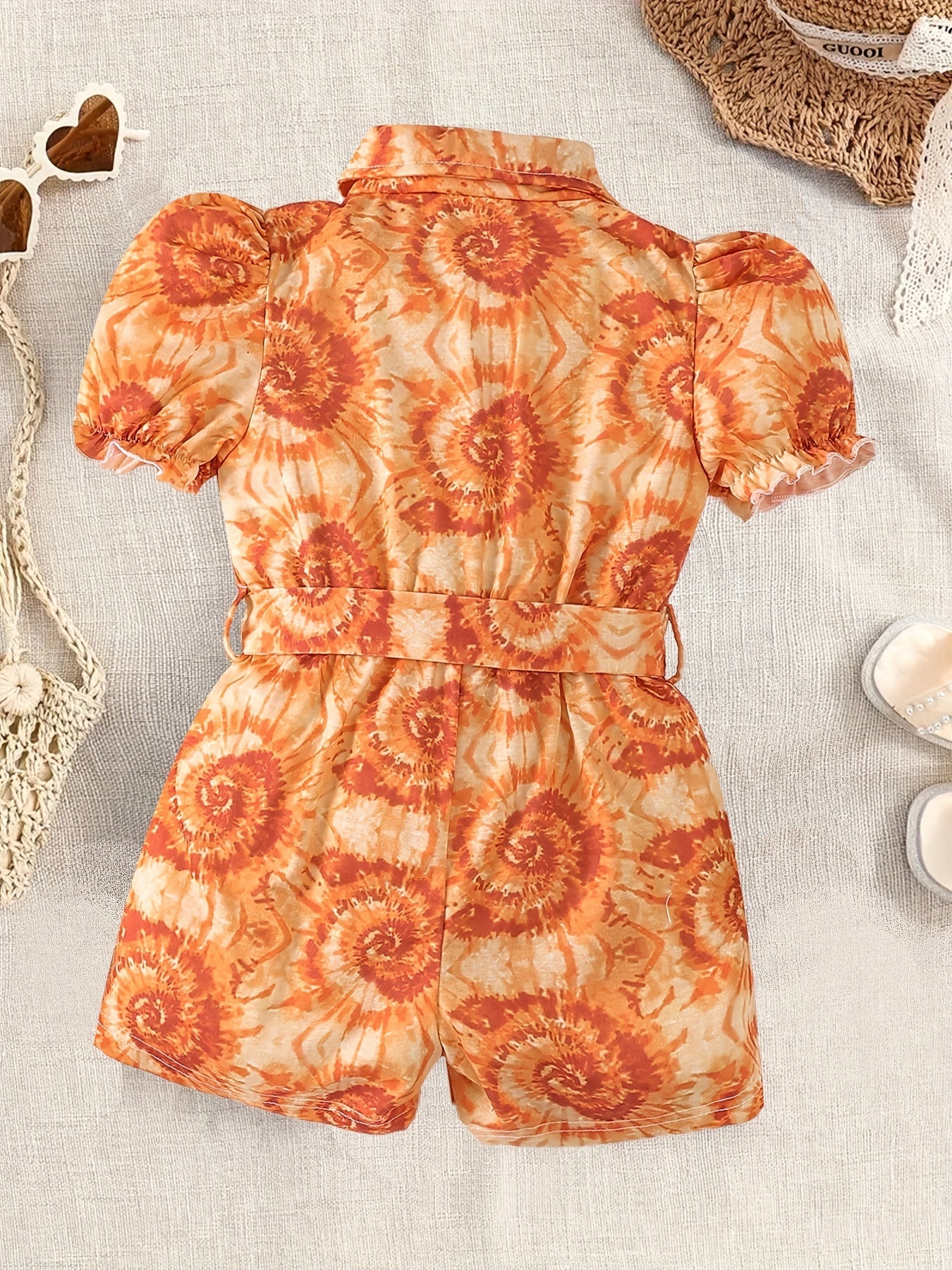 Girls Tie Dye Full Print Button Down Short Sleeve Romper Kids Jumpsuit