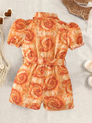 Girls Tie Dye Full Print Button Down Short Sleeve Romper Kids Jumpsuit