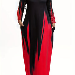 Ombre Print Long Sleeve V Neck Maxi Dress