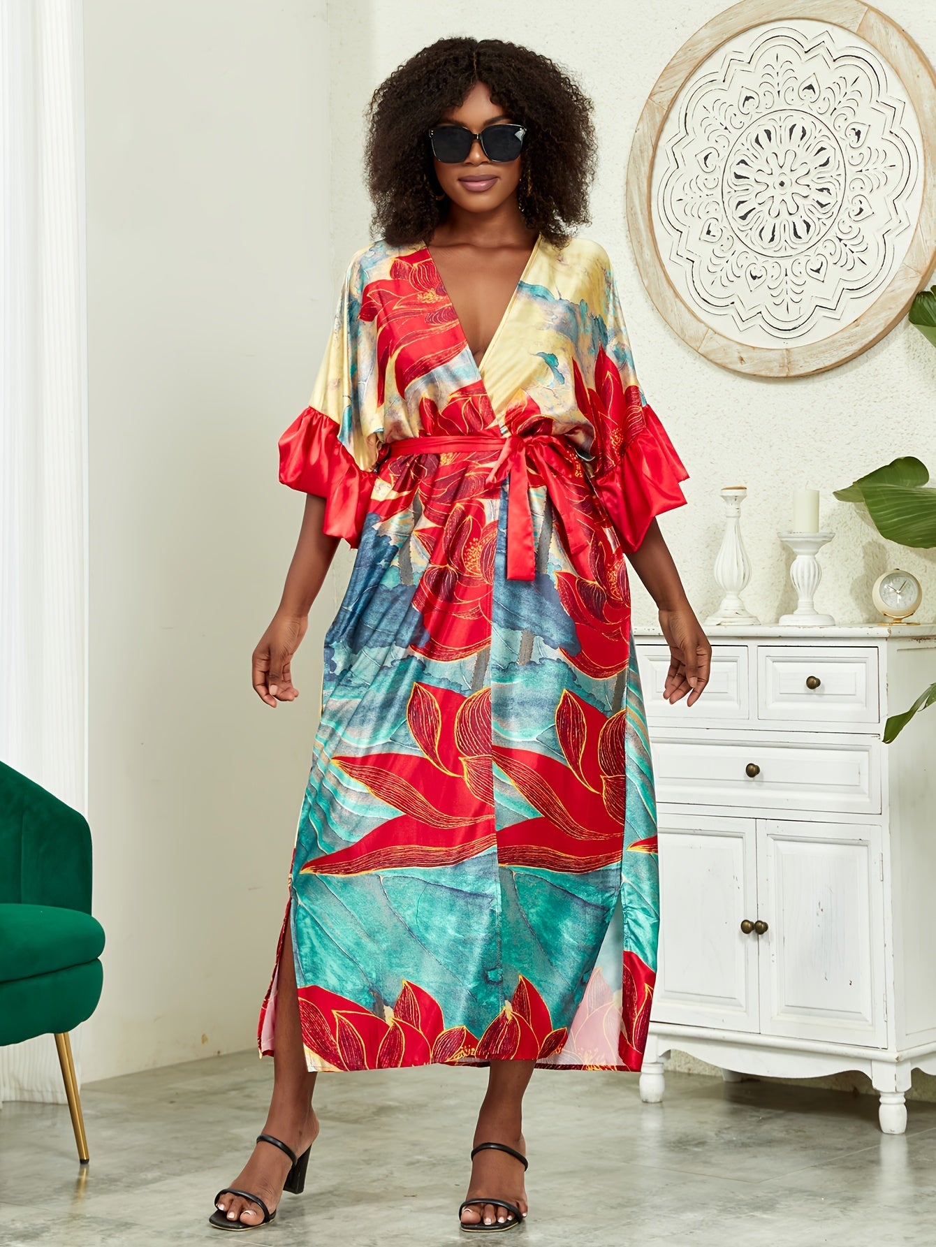 Boho Kimono Women's Plus Floral Print Ruffle Trim Open Front Kimono