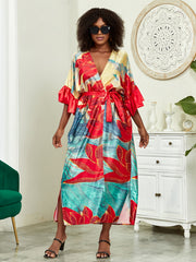 Boho Kimono Women's Plus Floral Print Ruffle Trim Open Front Kimono