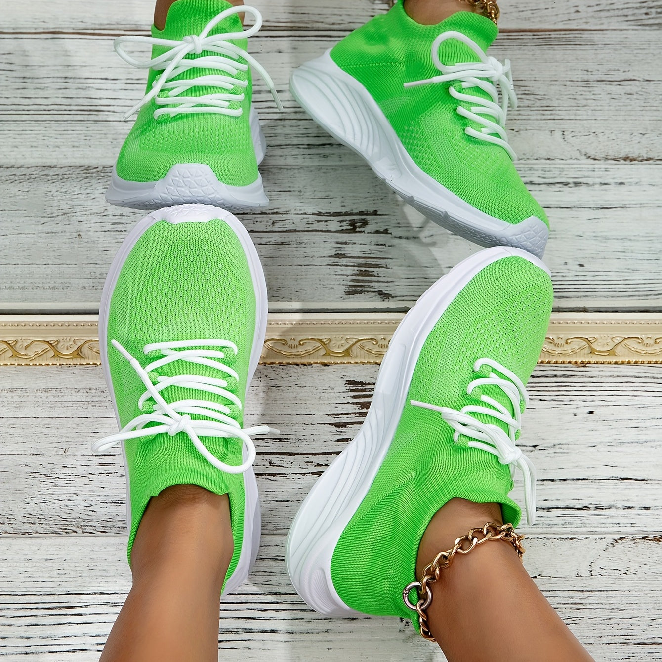Women's Lace Up Knit Sneakers Green Lightweight Running Shoes