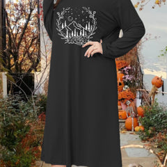 Floral & Mountain Print Long Sleeve Lounge Dress