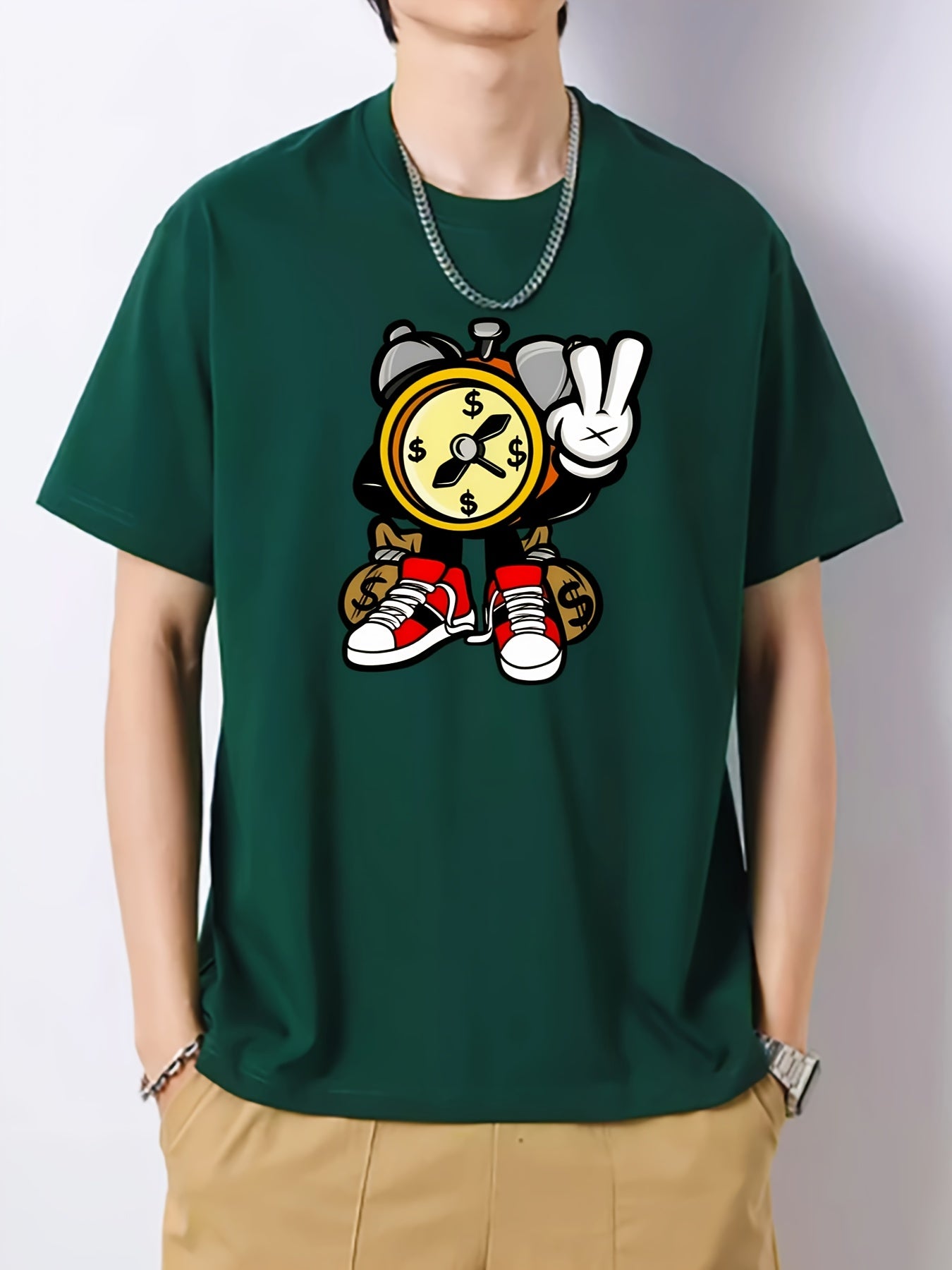 Cartoon Clock Print Men's Graphic Cotton Crew Neck T shirt