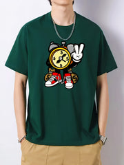 Cartoon Clock Print Men's Graphic Cotton Crew Neck T shirt
