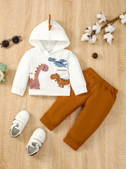 Dino Print Hooded Pullover & Pants Set Child's Casual Outfit