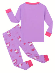 2 Pcs Girls' Unicorn Cotton Pajamas Set Crew Neck Long Sleeve T Shirt & Pants