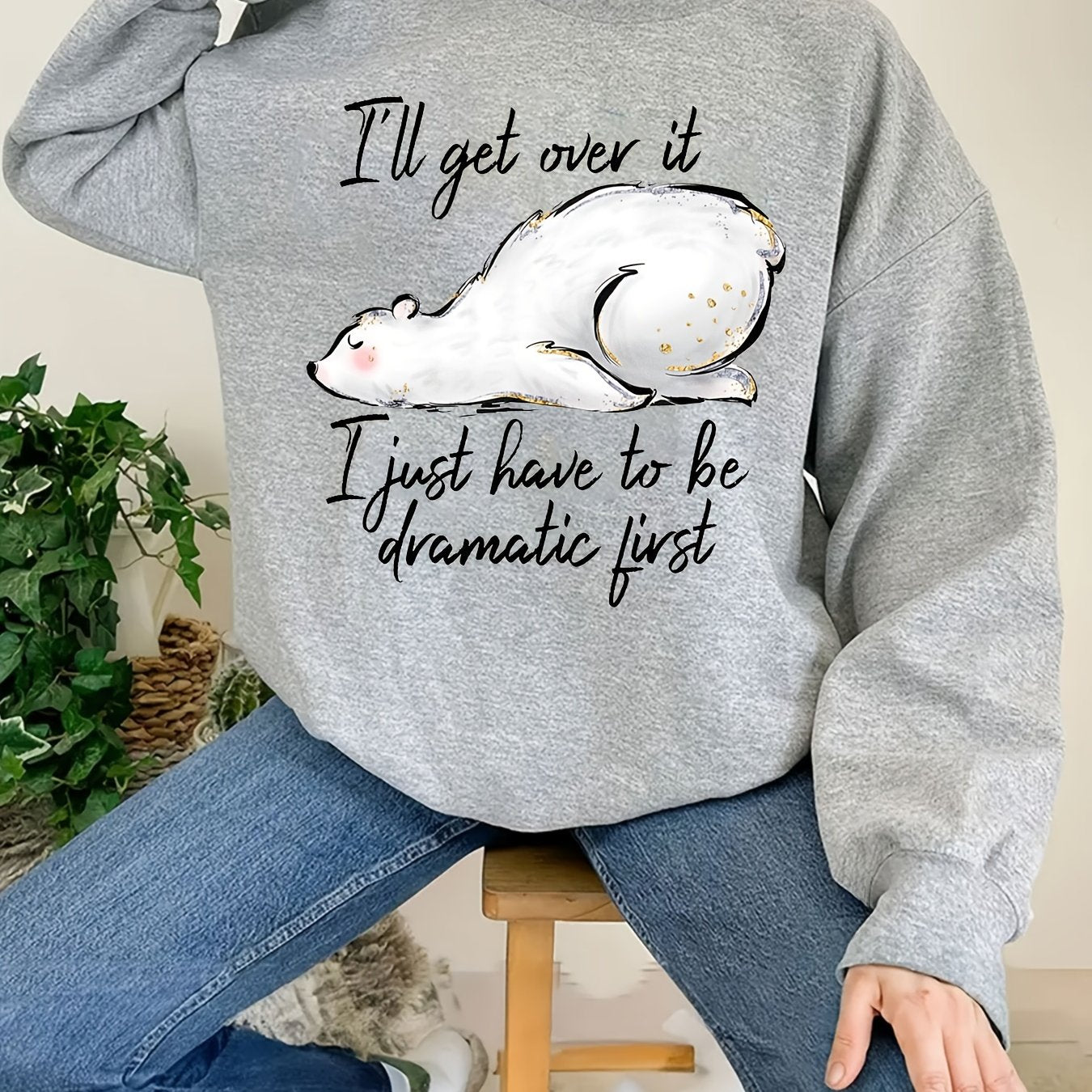 Letter & Polar Bear Print Loose Sweatshirt Women's Clothing