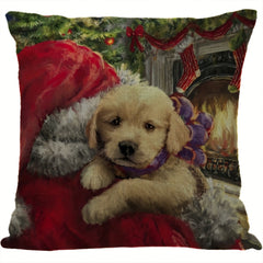 Christmas Linen Pillow Covers Tree Puppy Print Throw Pillowcase