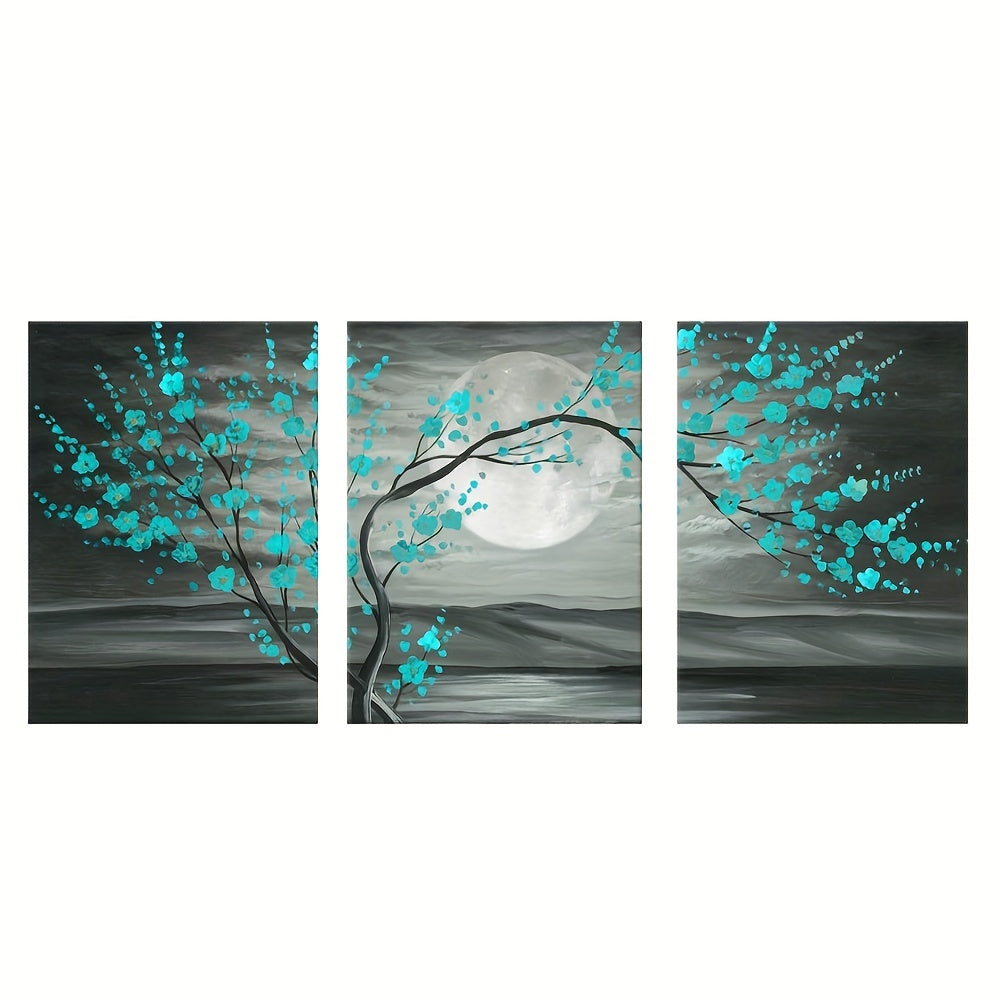 3pcs Grey And Teal Floral Canvas Plum Blossom Tree Printed On Canvas