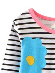 Girls' Cartoon Flowers Applique Striped Long Sleeve Dress