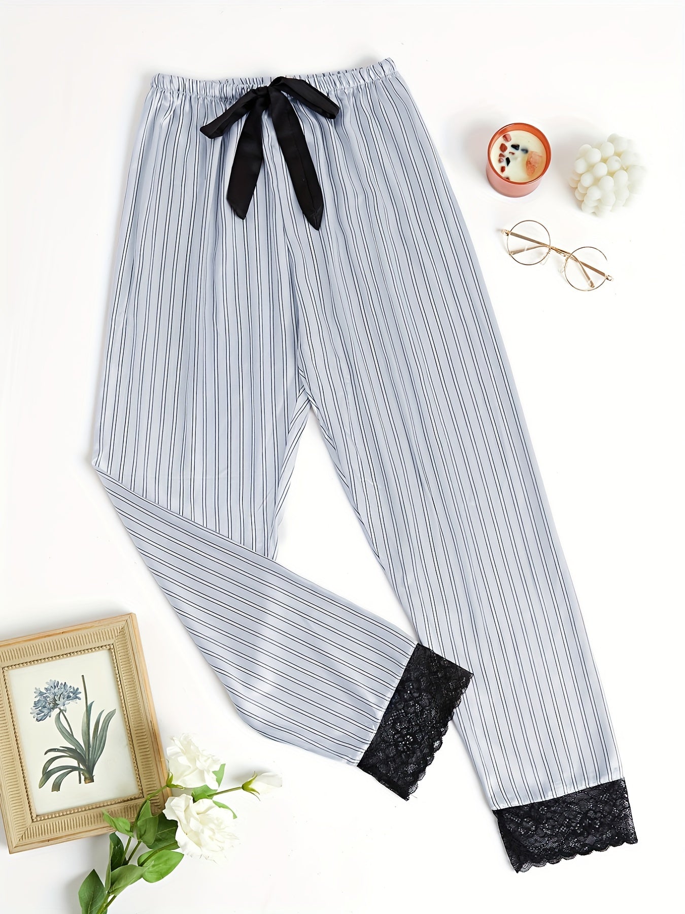 Striped Lace Trim Sleep Bottoms Casual & Comfy Bow Decor Sleep Pants