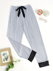 Striped Lace Trim Sleep Bottoms Casual & Comfy Bow Decor Sleep Pants