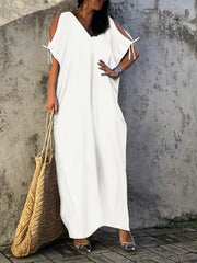 V Neck Cover Up Dress Loose Fit Tie Side Solid Beachwear Kaftan Women's Swimwear