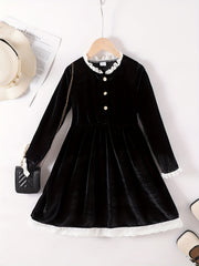 Vintage Princess Dress For Big Girls Velvet Lace Stand Collar Long Sleeve