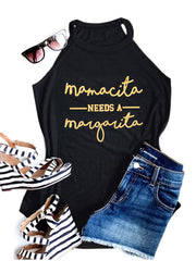 Women's Letter Print Halter Top Sleeveless Crew Neck Top