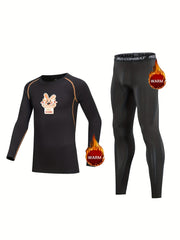 2pcs Kids Compression Fleece Sets Cartoon Pattern Crew Neck Pullover